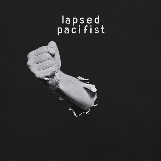 lapsed pacifist protest shirt flat lay