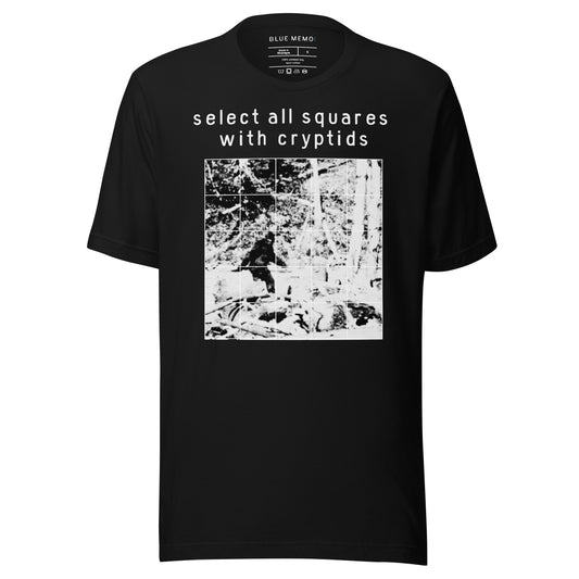 select all squares with cryptids black t-shirt front view